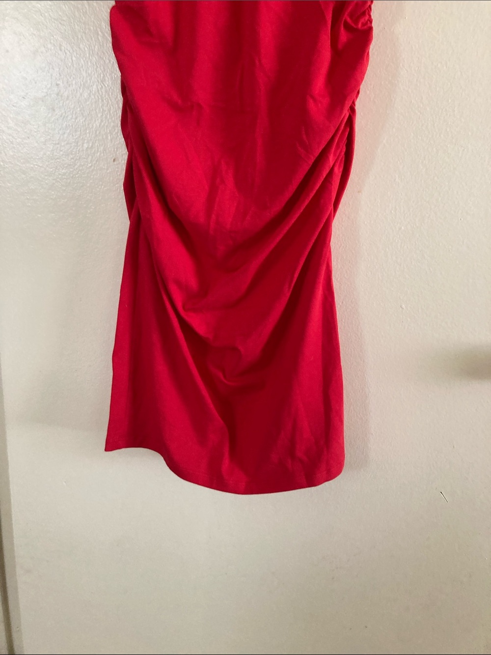 Ruched Red Midi Dress with Crew Neck - Picture 6 of 8